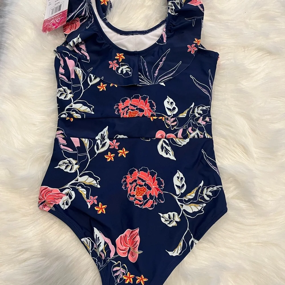 Kanu Surf Kids One-Piece Swimsuit Navy with Pink Floral